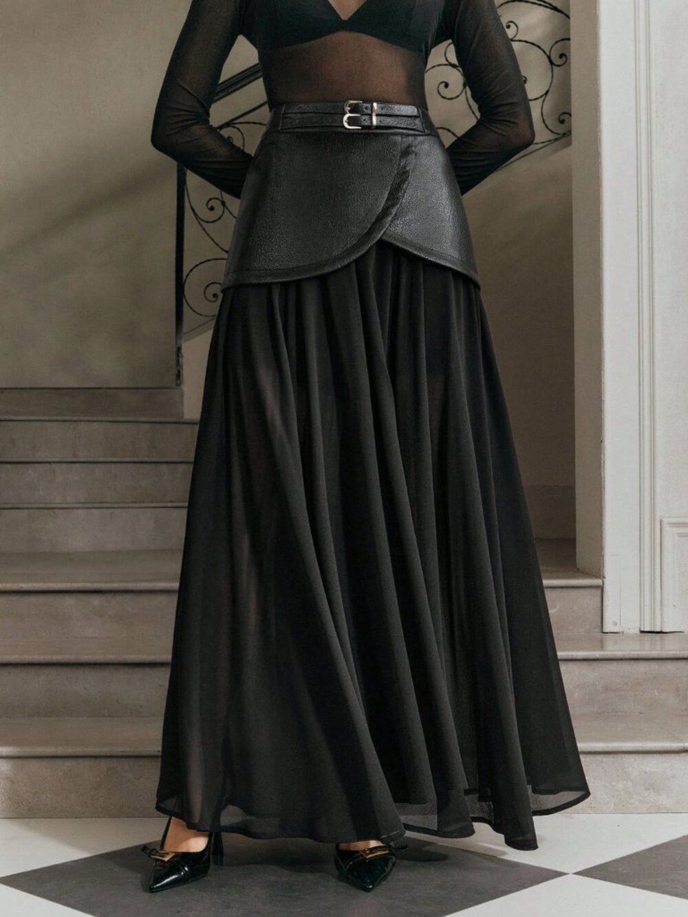 Black Casual Women's High Waist Double Belt Chiffon Patchwork Long Skirt - Picture 4 of 7